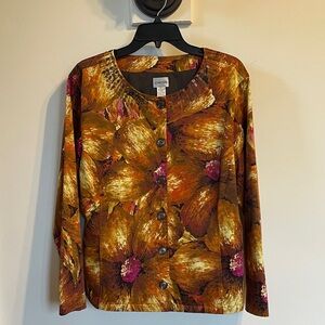 Chico’s Size 3 Floral Embellished Jacket Button Front Brown Gold Orange Coat